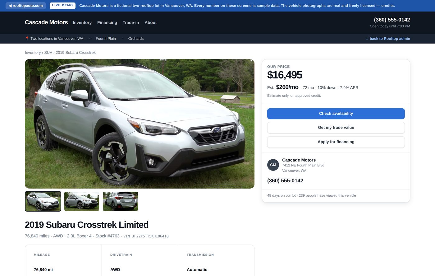 A Rooftop Auto vehicle detail page with gallery, price, payment estimate and specifications.